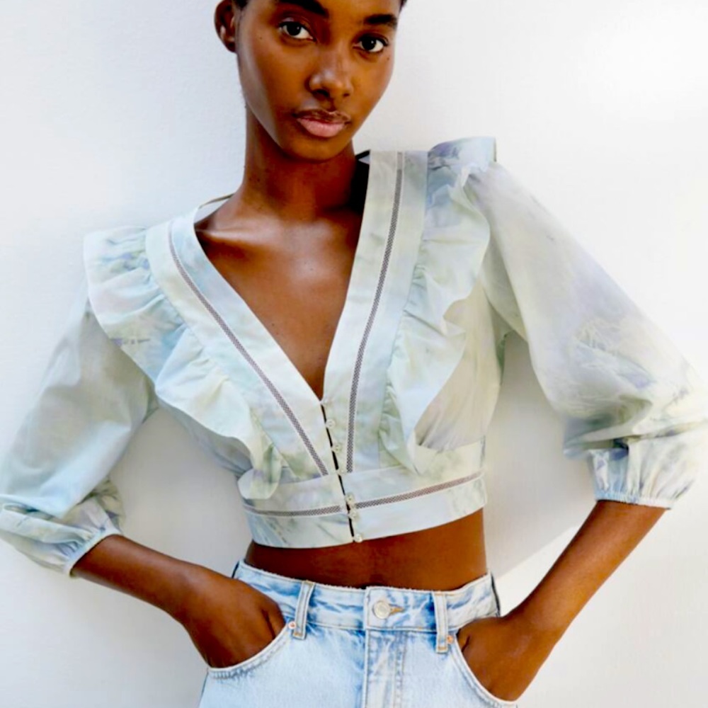 Zara blue green tie dye ruffle cropped top SZ M